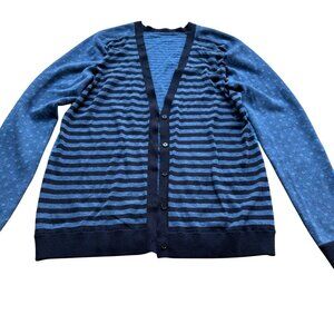 Akris Size M Womens Blue & Black Striped Polka Dot Cardigan V-Neck Sweater